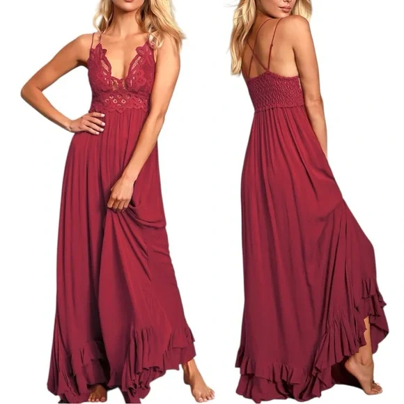 Free People | Dresses | Free People Adella Maxi Slip Berry Red Lace Dress  Size Large | Poshmark